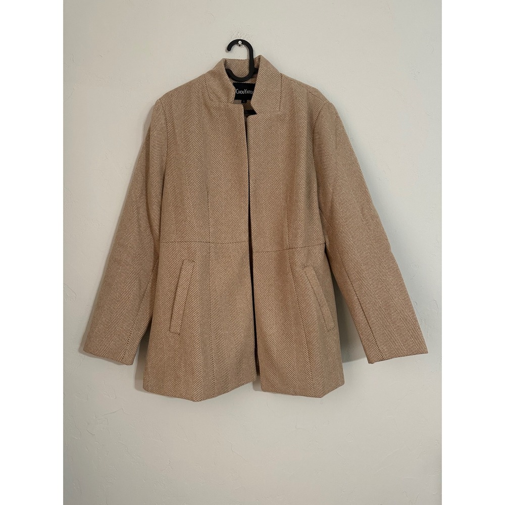 Chou Yatou Herringbone Coat Women's Large‎ Tan Beige Stand Collar Pockets Jacket